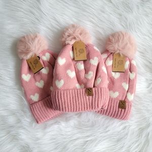 Women's Hearts and Pom Pom Knit Winter Hat